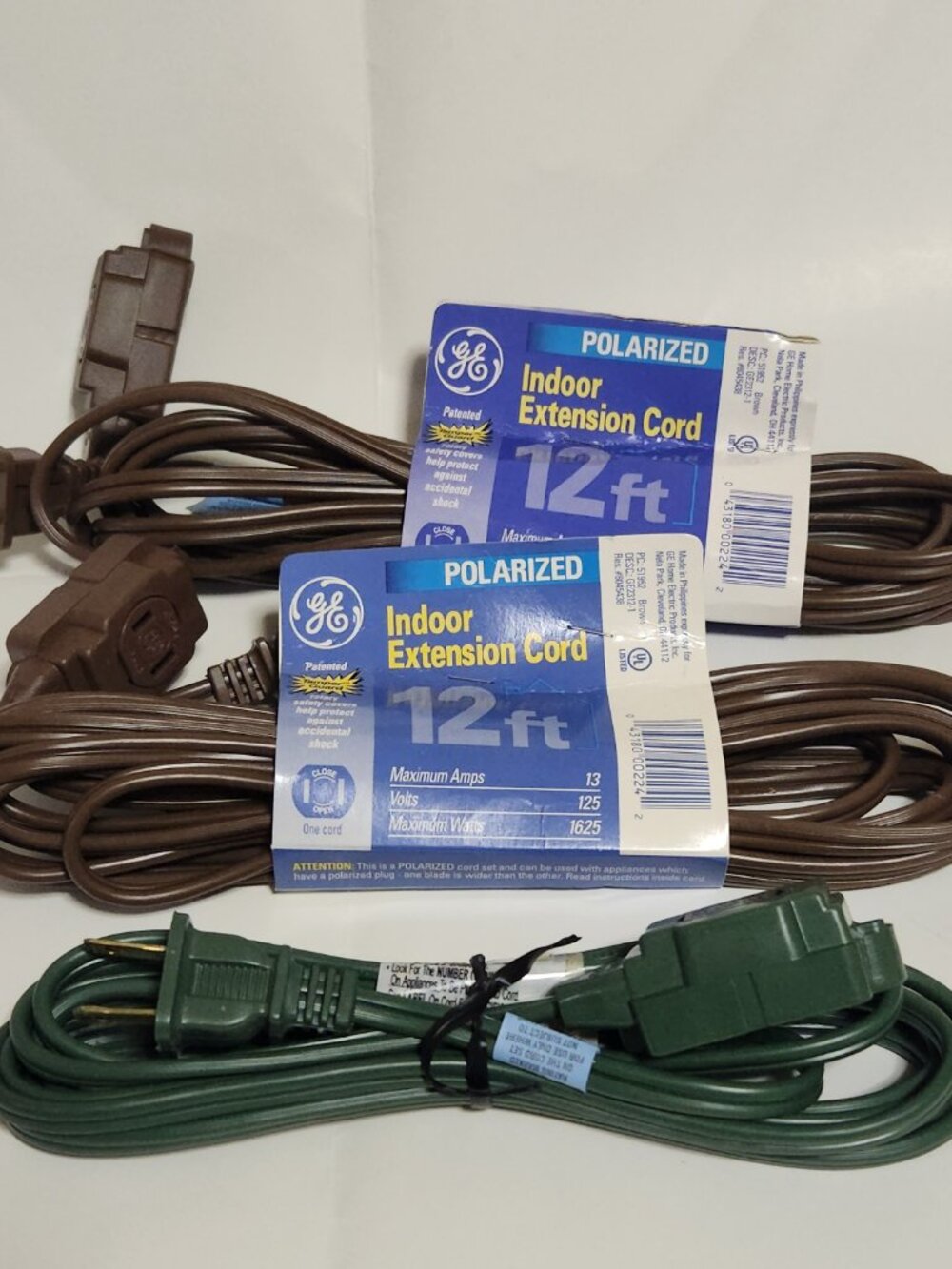 Lot of 3 GE Indoor Extension Cords 3-Outlet Polarized UL Listed Brown & Green